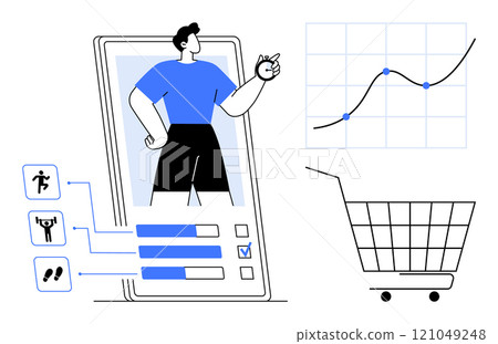 Smartphone showing a fitness app with activity tracking elements. A shopping cart and growth chart are displayed. Ideal for fitness, health monitoring, e-commerce, data analysis, technology 121049248