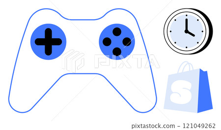 Minimalistic game controller with blue accents next to a clock and shopping bag signifies balancing gaming, time management, and shopping. Ideal for gaming, time management, e-commerce, scheduling 121049262