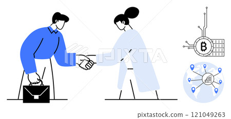 Two people shaking hands, symbolizing a business agreement. Includes a Bitcoin symbol with circuitry and a globe with connected locations. Ideal for business, finance, cryptocurrency, partnerships 121049263
