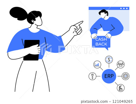 A business professional holds a tablet and points towards a man on a screen holding a cashback sign. Various ERP-associated icons surround. Ideal for business strategies, financial solutions A business professional holds a tablet and points towards a man on a screen holding a cashback sign. Various ERP-associated icons surround. Ideal for business strategies, financial solutions 121049265