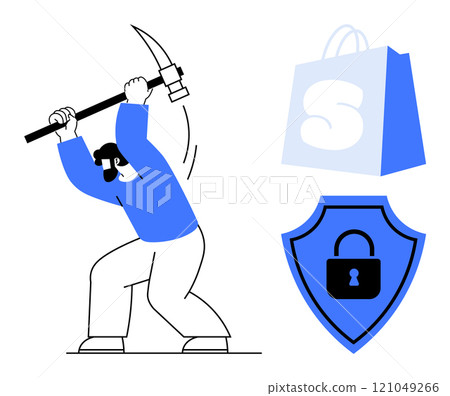 A person swinging a pickaxe, a shopping bag with an S logo, and a security shield with a lock symbol. Ideal for e-commerce, cybersecurity, data protection, online shopping, digital security. Simple A person swinging a pickaxe, a shopping bag with an S logo, and a security shield with a lock symbol. Ideal for e-commerce, cybersecurity, data protection, online shopping, digital security. Simple 121049266