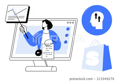 Person presenting a graph on a screen in blue theme, a head with upward arrows, and a shopping bag. Ideal for digital learning, online shopping, growth, education, and virtual presentations. Modern Person presenting a graph on a screen in blue theme, a head with upward arrows, and a shopping bag. Ideal for digital learning, online shopping, growth, education, and virtual presentations. Modern 121049278