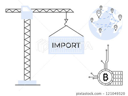 Crane lifting an import container, global map with locations, and Bitcoin symbol in tech style. Ideal for global trade, import, export, cryptocurrency, and logistics themes Crane lifting an import container, global map with locations, and Bitcoin symbol in tech style. Ideal for global trade, import, export, cryptocurrency, and logistics themes 121049320