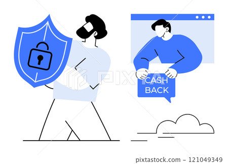Two men, one holding a shield with a padlock symbol and another displaying a cashback sign. Ideal for financial security, online transactions, rewarding systems, online banking, and digital 121049349