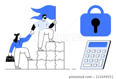 Two individuals holding hands climb up puzzle blocks with a flag. There is a blue lock and calculator nearby. Ideal for business teamwork, security, financial planning, goal achievement 121049351