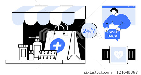 Online store with a pharmacy bag, health products, and a prescription pill pack. Man receiving cashback on a website. Smartwatch displaying a heart icon. Ideal for e-commerce, healthcare, pharmacy Online store with a pharmacy bag, health products, and a prescription pill pack. Man receiving cashback on a website. Smartwatch displaying a heart icon. Ideal for e-commerce, healthcare, pharmacy 121049368