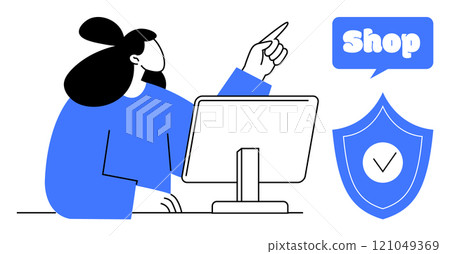Woman pointing at a monitor with a speech bubble saying shop and a shield icon with a checkmark. Ideal for e-commerce, cybersecurity, digital shopping, website navigation, online retail. Minimalist 121049369