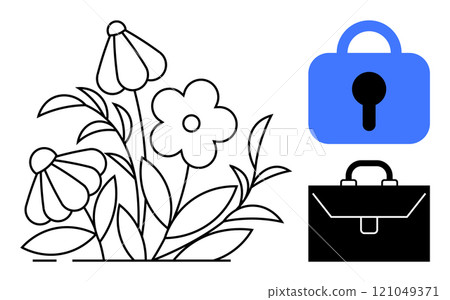 A combination of flowers representing growth a blue lock symbolizing security and a black briefcase denoting business. Ideal for business security growth nature success and protection themes. Simple 121049371