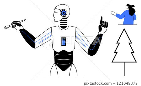 A robot holding a pen, poised as if drawing. To the side, a person points upwards and a simple tree outline is visible. Ideal for technology, AI, creativity, innovation, digital art. Clean, modern 121049372