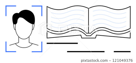 Portrait of a person next to an open book which is augmented by lines and shapes indicating text or information. Ideal for digital identity, education, learning, personal information, biography Portrait of a person next to an open book which is augmented by lines and shapes indicating text or information. Ideal for digital identity, education, learning, personal information, biography 121049376
