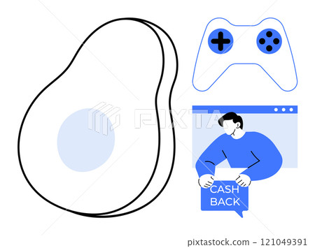 Avocado next to a game controller and a person holding a cashback sign online. Ideal for healthy eating, gaming, online shopping, financial savings, modern lifestyle. Simple vector style 121049391