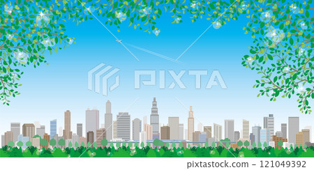 新鮮的綠色城市景觀插圖。 新鮮的綠色城市景觀插圖。 121049392