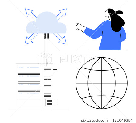 Simple design showing a server connected to a cloud, a person pointing, and a globe. Ideal for technology, cloud services, global network, data storage, and IT education themes. Minimalist, modern 121049394