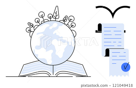 Open book with Earth and plants, next to documents with a checkmark. Ideal for education, environmental awareness, documentation, sustainability, and global studies. Simple, modern style 121049418