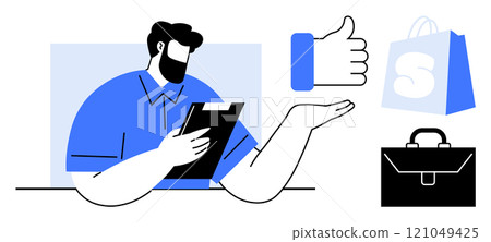A man with a beard is holding a clipboard and giving a thumbs up. Beside him is a shopping bag and a briefcase. Ideal for business, e-commerce, productivity, online shopping, and workplace themes A man with a beard is holding a clipboard and giving a thumbs up. Beside him is a shopping bag and a briefcase. Ideal for business, e-commerce, productivity, online shopping, and workplace themes 121049425