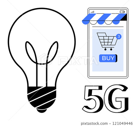 Light bulb next to a smartphone with a blue shopping cart symbol and 5G text. Ideal for technology, digital marketplace, innovation, speed, modern connectivity. Black, white, and blue cartoon style 121049446