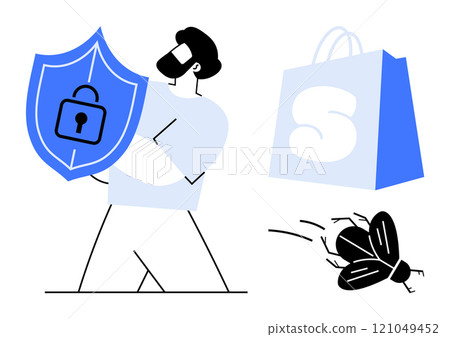 Man holding a shield with a lock, a shopping bag with S, and a bug nearby. Ideal for online security, e-commerce, cybersecurity awareness, data protection, and online threats. Simple modern style 121049452