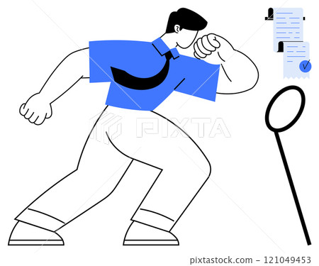 A person in business attire is examining documents using a magnifying glass, emphasizing thorough inspection and attention to detail. Ideal for business analysis, auditing, research, investigation 121049453