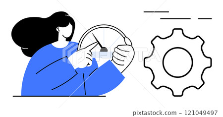 Woman adjusting a speed indicator with a gear symbol to the right. Ideal for technology, settings, user interface, software control, performance optimization. Simple flat illustration style Woman adjusting a speed indicator with a gear symbol to the right. Ideal for technology, settings, user interface, software control, performance optimization. Simple flat illustration style 121049497