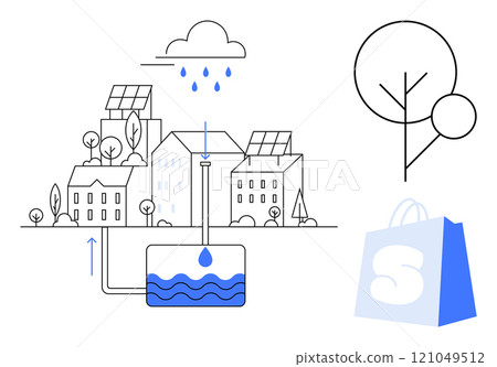 Small town with solar panels and rainwater harvesting. Ideal for eco-friendly living, renewable energy, sustainable urban planning, green technology, water conservation. Modern line art style 121049512