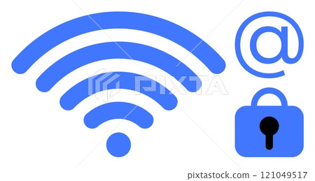 wireless signal icon, email symbol, and padlock graphic in blue. Ideal for technology, internet, communication, security, and digital privacy themes. Simple vector style 121049517