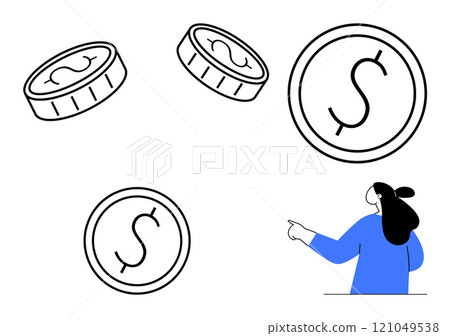 Woman pointing towards floating coins with dollar symbols. Ideal for financial concepts, savings, investments, economic growth, and wealth management. Minimalist, black and blue vector art 121049538