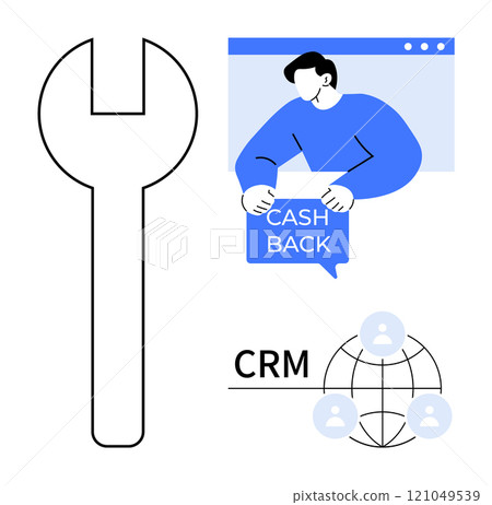 Wrench icon, a person holding a cash back sign, CRM text with global network symbol. Ideal for business tools, customer service, loyalty programs, global connectivity, financial savings. Clean modern 121049539