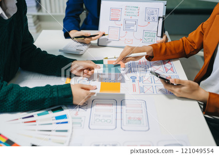 UX developer and ui designer brainstorming about mobile app interface wireframe design 121049554