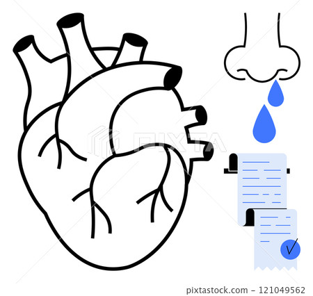 Human heart drawing, nose dripping a blue droplet, and two medical documents with checks. Ideal for healthcare, anatomy studies, medical education, biology teaching, awareness campaigns. Simple Human heart drawing, nose dripping a blue droplet, and two medical documents with checks. Ideal for healthcare, anatomy studies, medical education, biology teaching, awareness campaigns. Simple 121049562