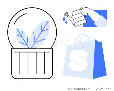 Hand waters a plant inside a glass dome. Shopping bag next to it. Ideal for nature care, online shopping, sustainability, gardening, eco-friendly products. Simple illustration vector 121049567