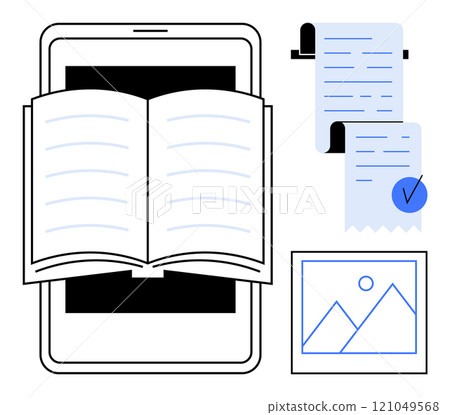 An open book over a tablet, a checklist with a checkmark, and a framed picture. Ideal for online education, digital documentation, e-readers, paperless workflow, and digital art display. Clean modern 121049568