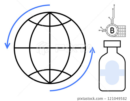 Globe with arrows around it, a small microchip symbol with Bitcoin sign, and a medicine vial represent global connectivity, digital economy, and healthcare. Ideal for technology, cryptocurrency 121049582