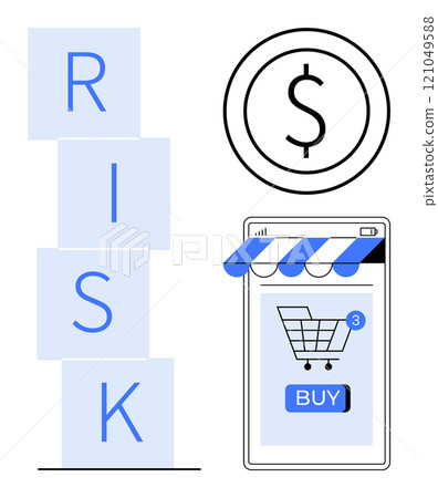 Blocks spelling RISK beside a dollar symbol and an online shopping cart on a mobile screen. Ideal for finance risk decision-making e-commerce shopping economic growth business understanding 121049588
