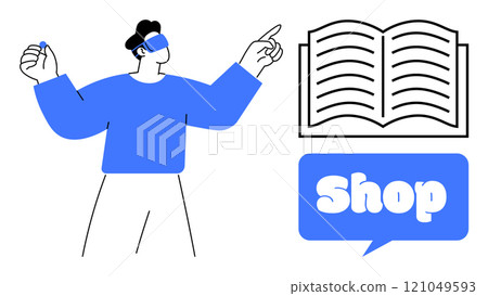 A person wearing virtual reality glasses interacts with a virtual interface while a book icon and shop sign are shown. Ideal for augmented reality, virtual shopping, education technology, online A person wearing virtual reality glasses interacts with a virtual interface while a book icon and shop sign are shown. Ideal for augmented reality, virtual shopping, education technology, online 121049593