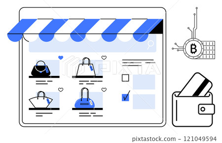 Depicts an online shopping website with handbags, a digital wallet, and bitcoin symbol. Ideal for e-commerce, online shopping, cryptocurrency transactions, digital payments, fintech. Clean vector Depicts an online shopping website with handbags, a digital wallet, and bitcoin symbol. Ideal for e-commerce, online shopping, cryptocurrency transactions, digital payments, fintech. Clean vector 121049594
