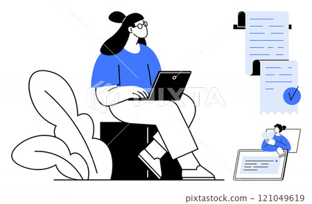 Woman seated with laptop, document with checklist, and smaller figure with tablet. Ideal for remote work, productivity, business solutions, digital planning, and office environment. Minimalist modern 121049619