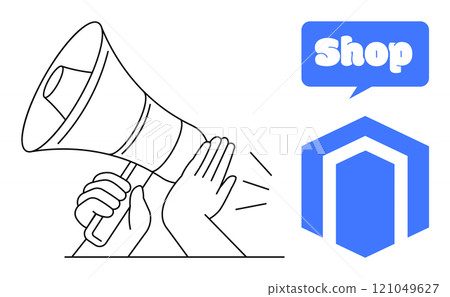 Hands holding a megaphone announce a promotion with a speech bubble displaying the word shop next to a store icon. Ideal for retail, advertising, online shopping, marketing, sales, promotions. Simple 121049627
