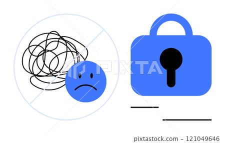 Tangled lines with a sad face representing mental struggles next to a locked lock symbolizing privacy. Ideal for mental health awareness, data security, emotional wellbeing, psychological issues Tangled lines with a sad face representing mental struggles next to a locked lock symbolizing privacy. Ideal for mental health awareness, data security, emotional wellbeing, psychological issues 121049646