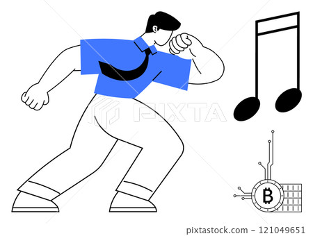 A strong figure in a blue shirt and tie moves energetically, with a musical note and a Bitcoin symbol nearby. Ideal for technology, cryptocurrency, finance, music, and modern art. Contemporary vector 121049651