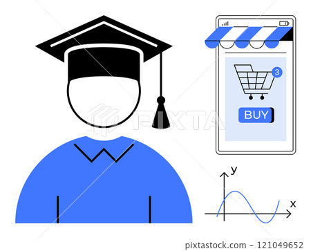 Graduate icon wearing a cap, mobile phone with a shopping cart and buy button, and an X-Y graph. Ideal for themes of online education, e-commerce, data analysis, technology integration, and modern Graduate icon wearing a cap, mobile phone with a shopping cart and buy button, and an X-Y graph. Ideal for themes of online education, e-commerce, data analysis, technology integration, and modern 121049652
