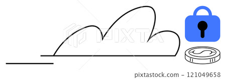 A black outline cloud with a blue padlock and a coin. Ideal for data security, cloud storage, financial services, online privacy, technology businesses. Minimalistic and clean design 121049658