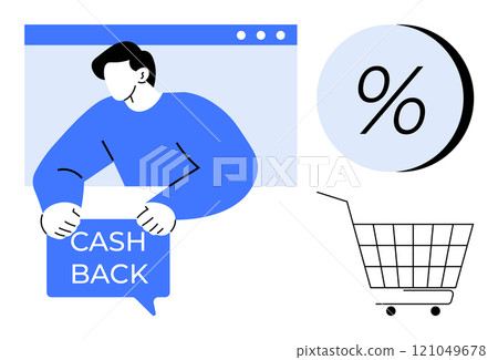 A person holding a CASH BACK sign with a shopping cart icon and a large percentage symbol nearby. Ideal for online shopping, cashback promotions, e-commerce, sales, and discounts. Modern minimal 121049678