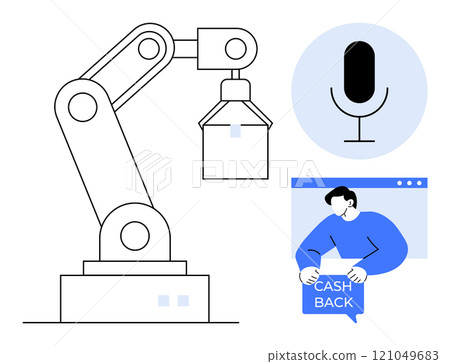 Robotic arm, microphone, and person holding cashback sign demonstrate tech innovations. Ideal for automation, robotics, AI, finance, and digital services themes. Clean, minimalist style Robotic arm, microphone, and person holding cashback sign demonstrate tech innovations. Ideal for automation, robotics, AI, finance, and digital services themes. Clean, minimalist style 121049683