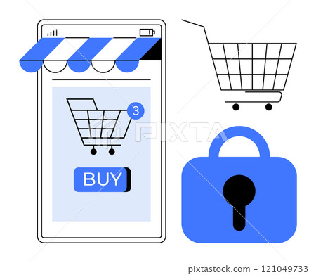 Mobile phone displaying a shopping cart with items and buy button. Additional cart image and security lock. Ideal for e-commerce, online shopping, mobile apps, digital marketing, cybersecurity 121049733