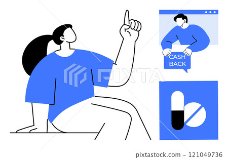 Minimalist style image with a seated character pointing upwards, an individual holding a cash back sign in a browser window, and medication icon. Ideal for finance health promotion e-commerce digital Minimalist style image with a seated character pointing upwards, an individual holding a cash back sign in a browser window, and medication icon. Ideal for finance health promotion e-commerce digital 121049736