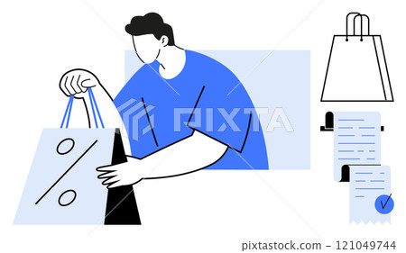 A person holding a discount shopping bag. Accompanied by icons of a shopping bag and receipt. Ideal for shopping, retail, discounts, e-commerce, marketing. Flat modern style 121049744