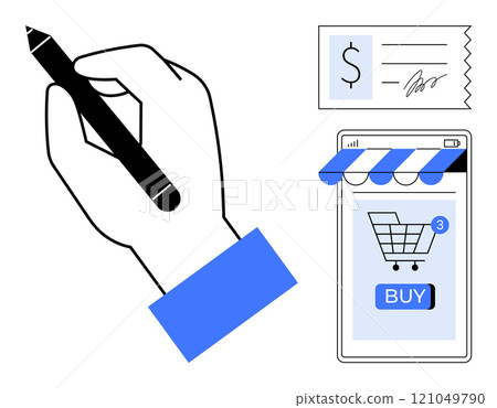 Hand holding pen drawing. Nearby phone displays shopping cart with buy button. Dollar sign receipt. Ideal for online shopping, e-commerce, digital transactions, payment processing, mobile purchases 121049790