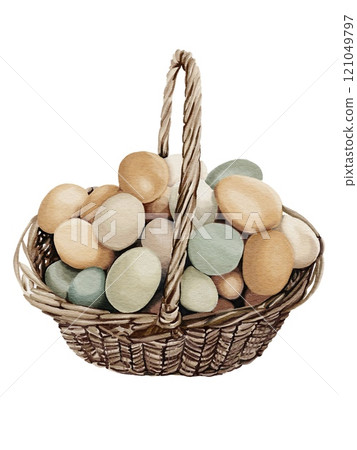 Wicker Egg Basket Watercolor Illustration - Rustic Cottagecore Farmhouse Decor Wicker Egg Basket Watercolor Illustration - Rustic Cottagecore Farmhouse Decor 121049797