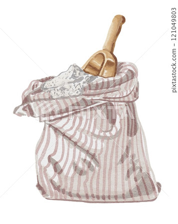 Rustic Flour Sack Watercolor Illustration with Wooden Scoop - Cottagecore Kitchen Decor 121049803