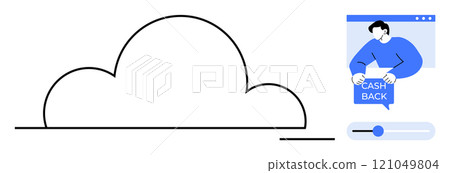 Cloud outline with a person in a web browser holding a cashback sign. Blue and white colours dominate. Ideal for technology, online services, customer rewards, digital payments, financial benefits 121049804